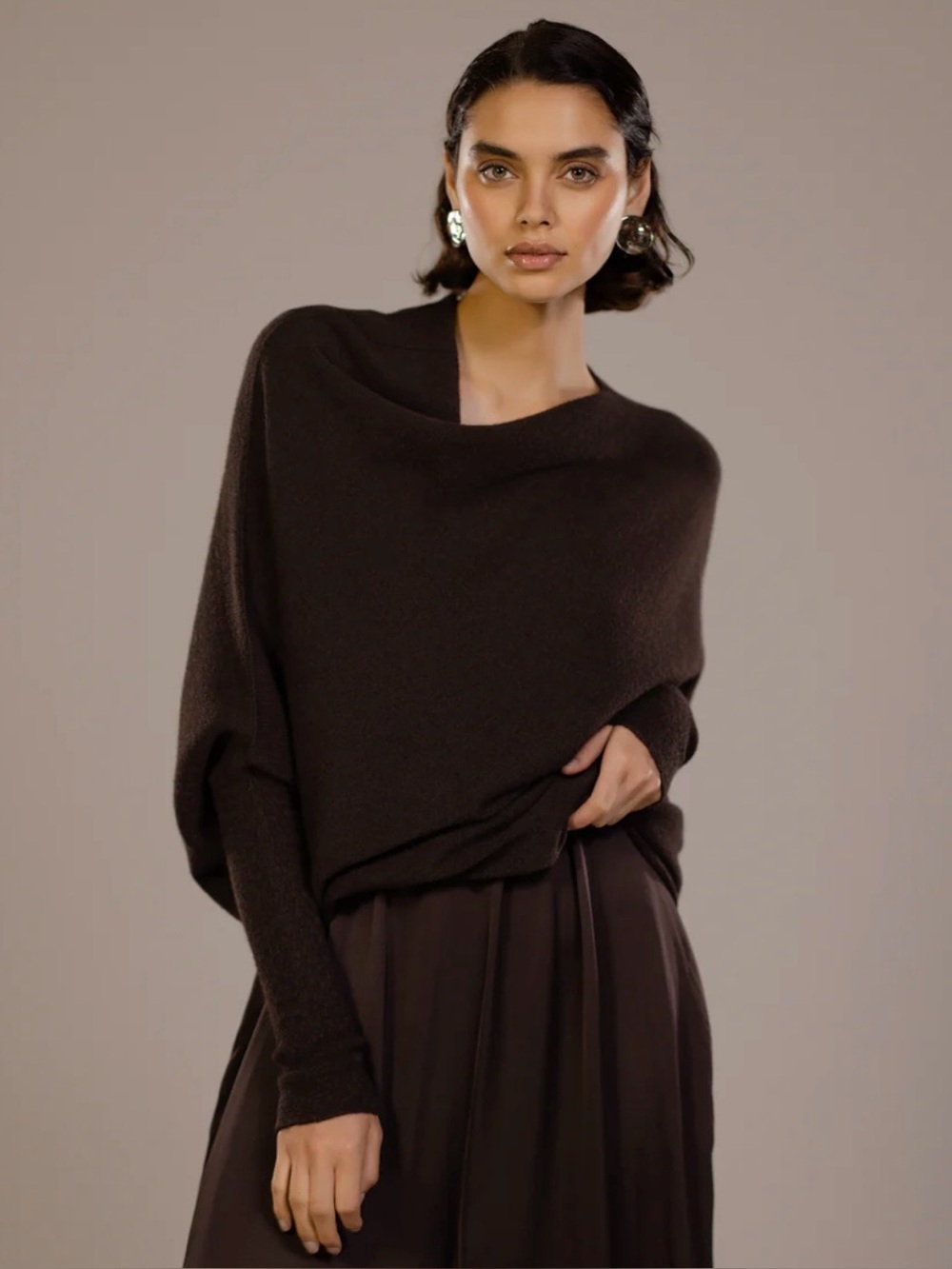 JAKI London Asymmetric Draped Espresso Brown Seamless Knit Sweater Small/Med EUC